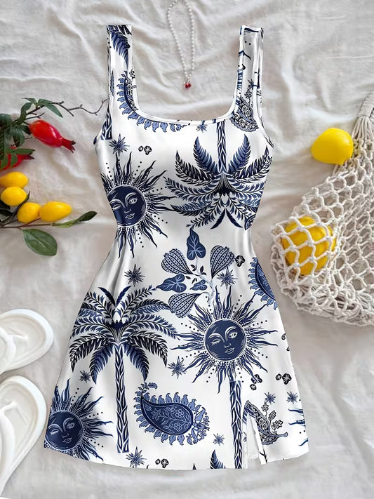 Navy Blue Botanical Print Mini Dress
