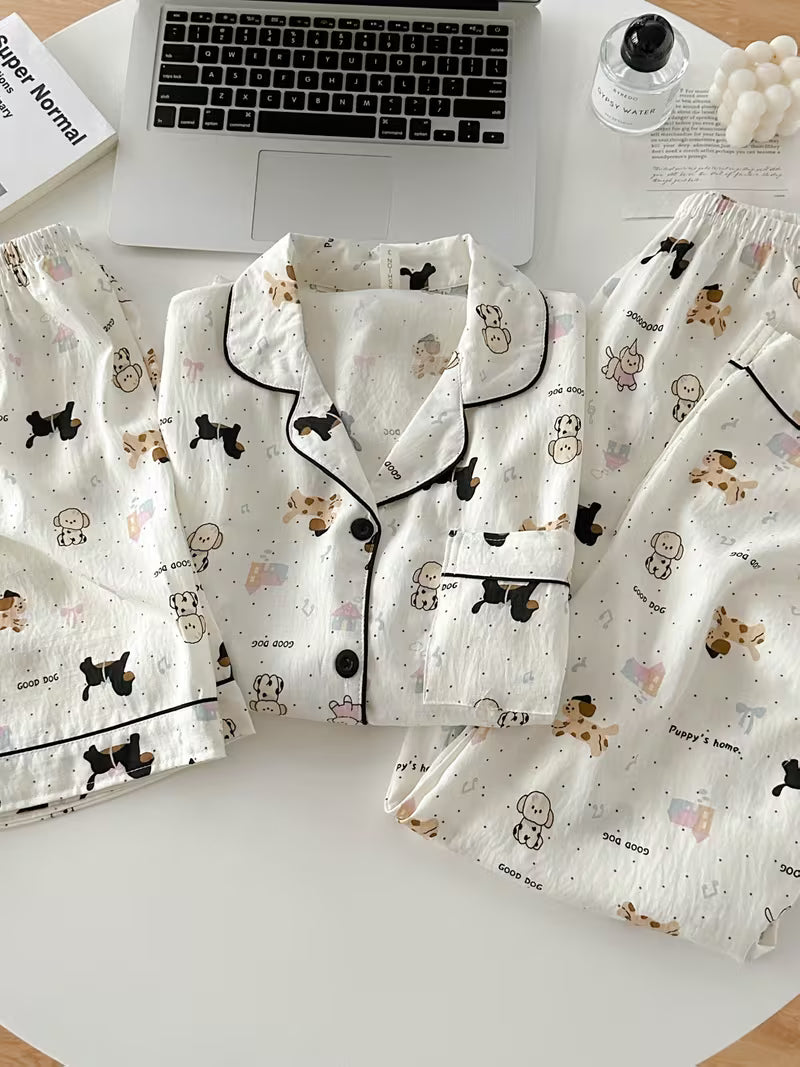 Women’s Set of 3 Cute Cartoon Puppy Print Pajama Sets – Short Sleeve Button-Up Sleepwear