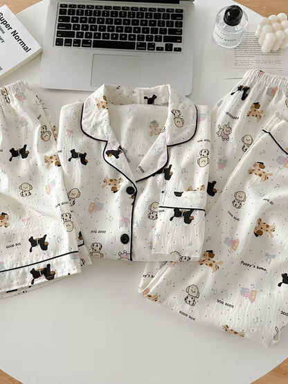 Women’s Set of 3 Cute Cartoon Puppy Print Pajama Sets – Short Sleeve Button-Up Sleepwear