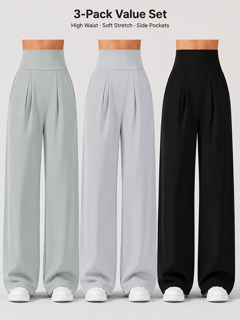 Pack of 3 Comfortable Wide-Leg Pants – Sage Green, White & Black