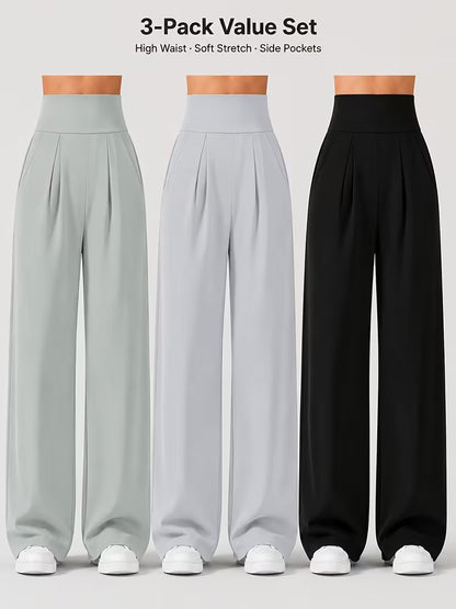 Pack of 3 Comfortable Wide-Leg Pants – Sage Green, White & Black