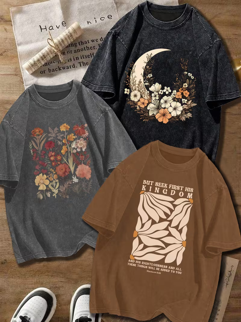 Set of 3 Cotton Graphic Printed T-Shirts for Women