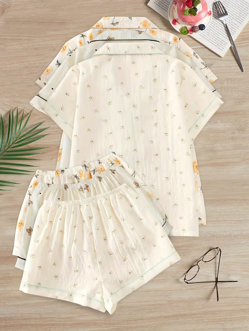 Women’s Set of 3 Floral Print Pajama Sets – Short Sleeve Button-Up Sleepwear