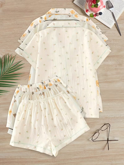Women’s Set of 3 Floral Print Pajama Sets – Short Sleeve Button-Up Sleepwear