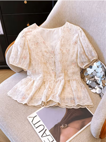 Floral Embroidered Puff Sleeve Peplum Top