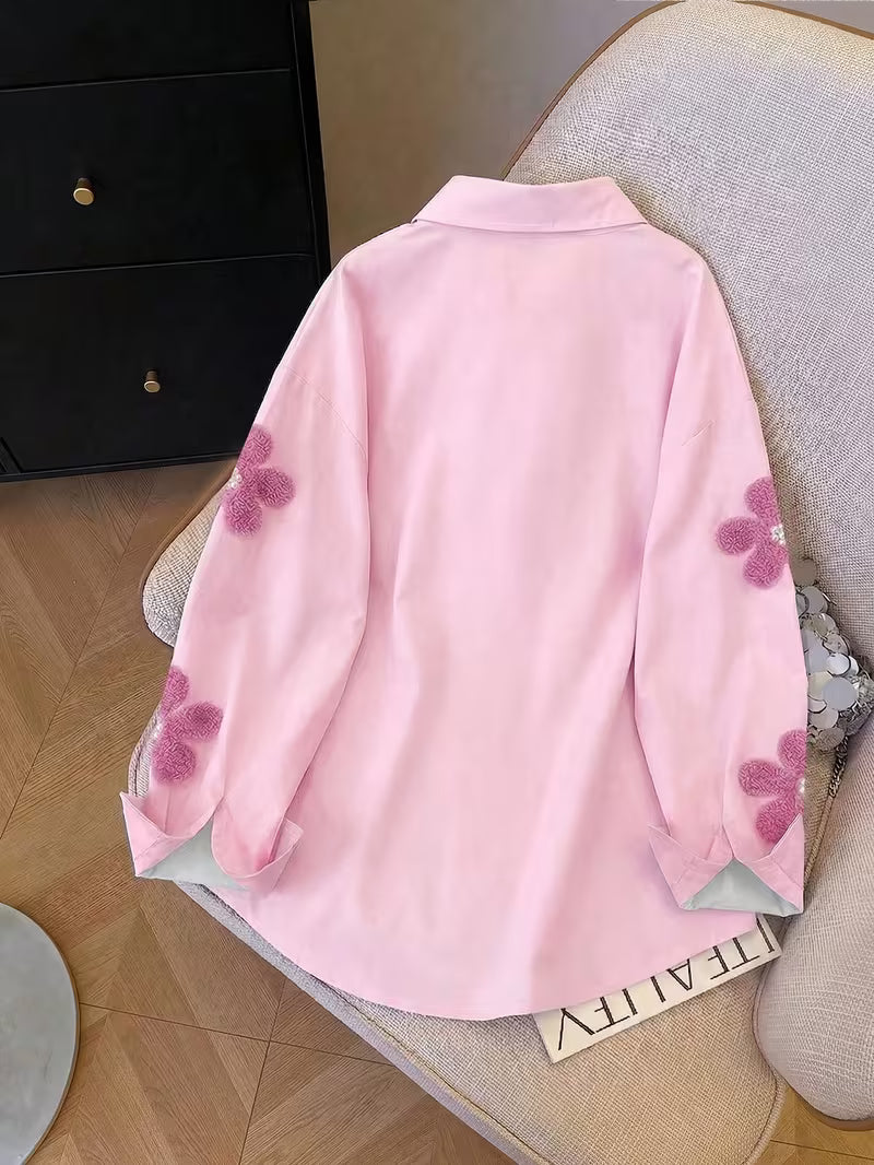 Women’s Pink Floral Embroidered Button-Down Shirt
