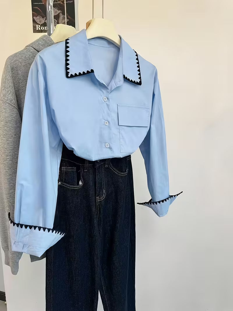 Women’s Light Blue Contrast Trim Button-Down Shirt