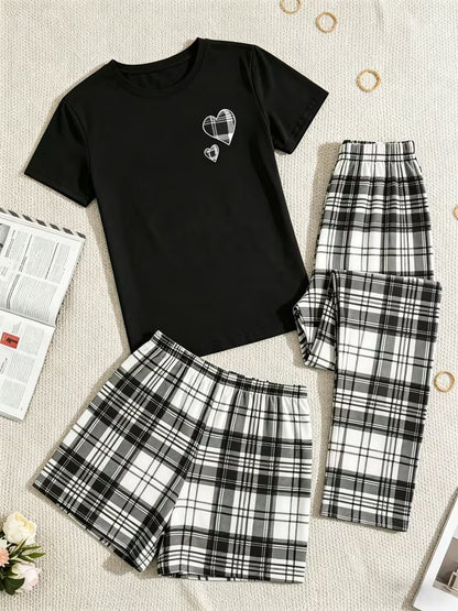 Women’s 3-Piece Black Heart Print Pajama Set – T-Shirt, Plaid Shorts & Lounge Pants