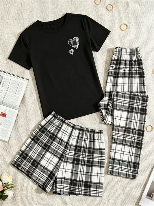 Women’s 3-Piece Black Heart Print Pajama Set – T-Shirt, Plaid Shorts & Lounge Pants