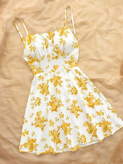 Mustard Floral Print Fit & Flare Mini Dress