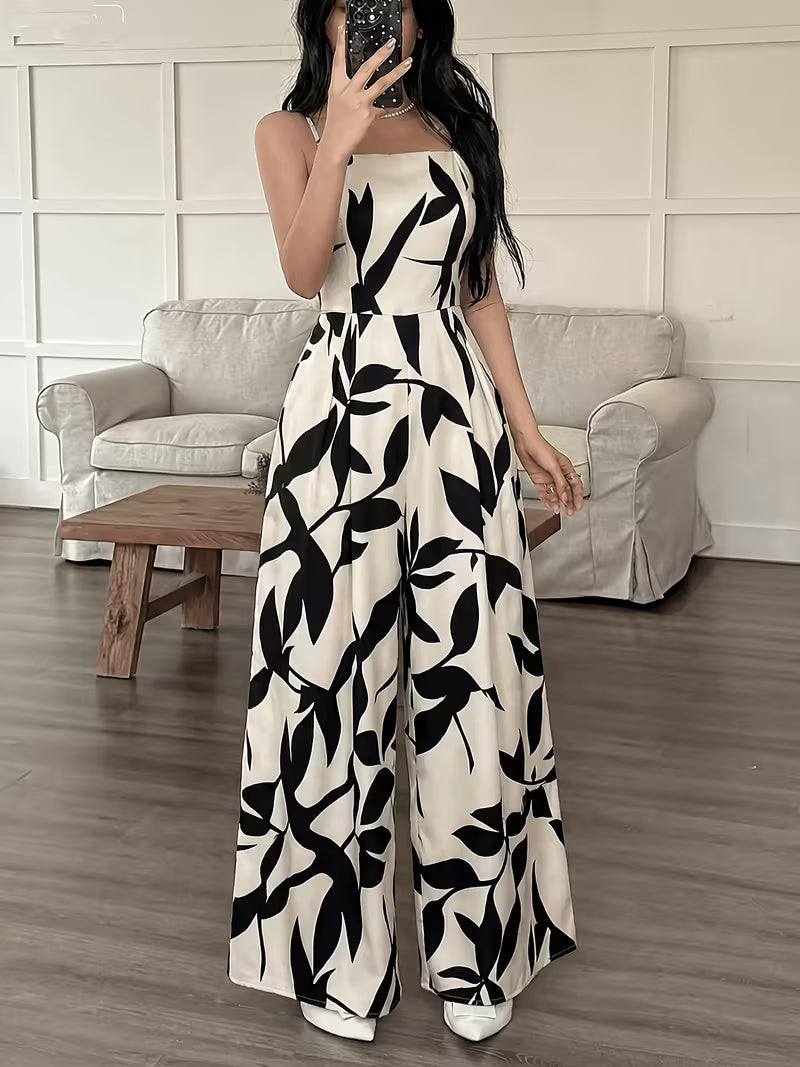 Women’s Black & White Botanical Print Wide-Leg Jumpsuit
