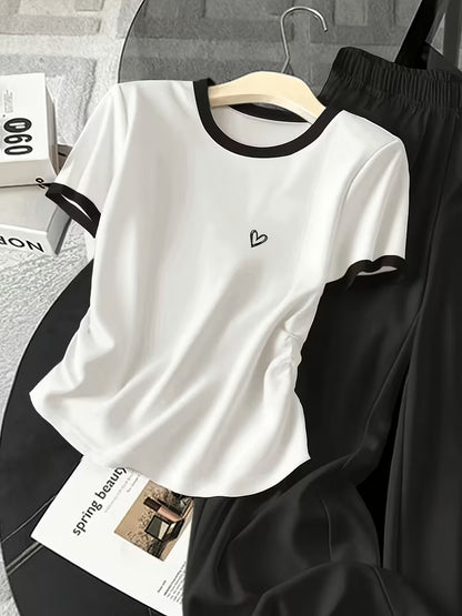 Women's Heart Print T-Shirt & Wide-Leg Pants Co-Ord Set