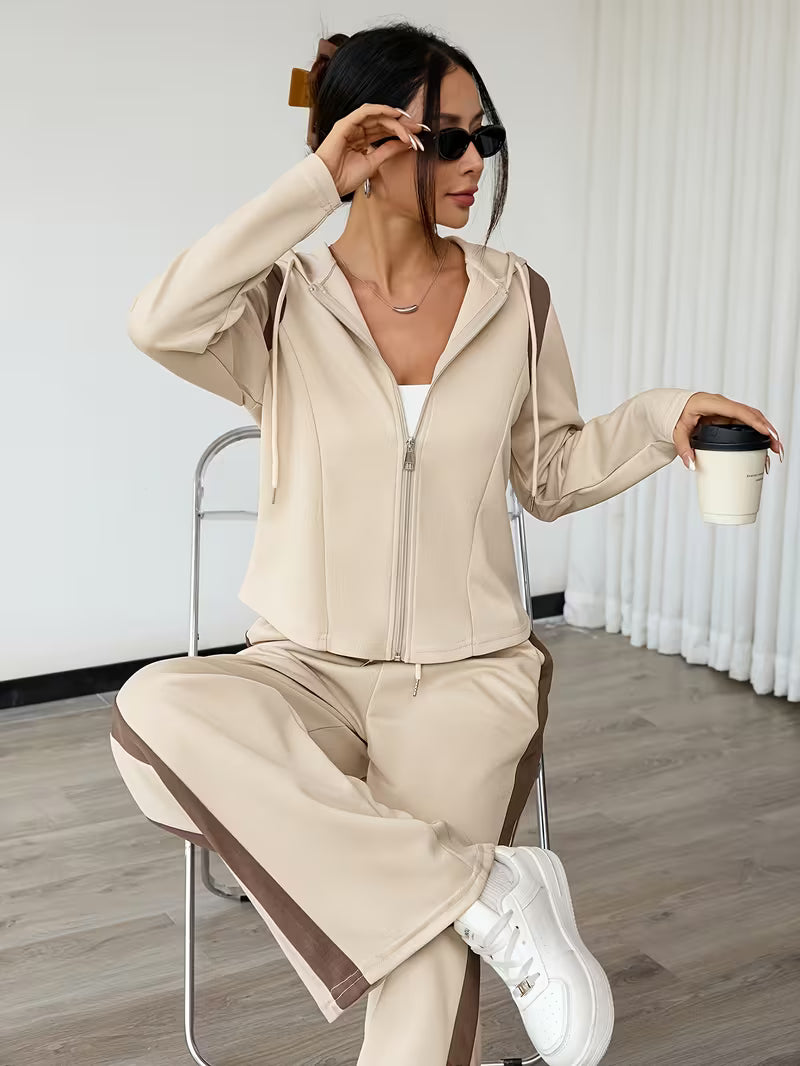 Women’s Beige Hooded Jacket and Wide-Leg Pants Co-Ord Set with Brown Side Stripes