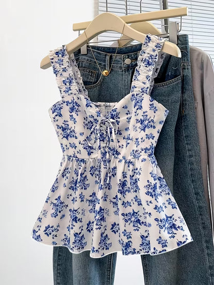 Blue Floral Print Tie-Front Peplum Cami Top