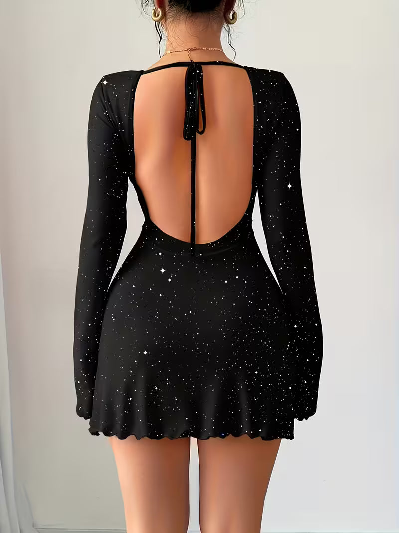 Black Starry Print Long Sleeve Bodycon Dress