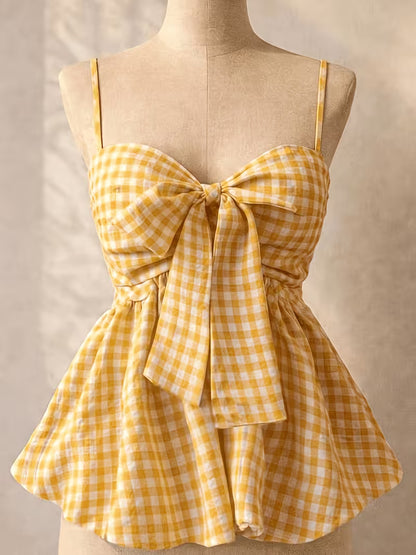 Yellow Gingham Bow-Tie Peplum Cami Top