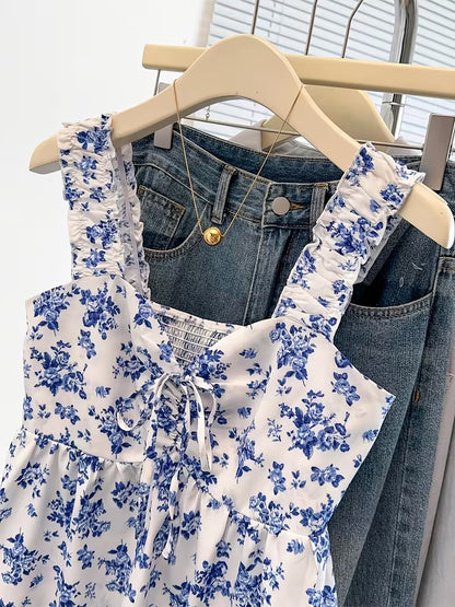 Blue Floral Print Tie-Front Peplum Cami Top