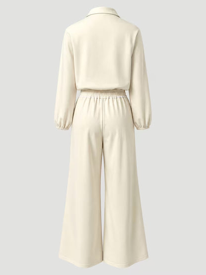Women’s Cream White Collared Top and Wide-Leg Pants Co-Ord Set