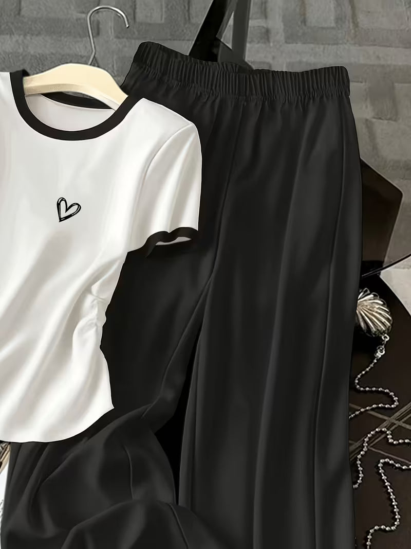 Women's Heart Print T-Shirt & Wide-Leg Pants Co-Ord Set