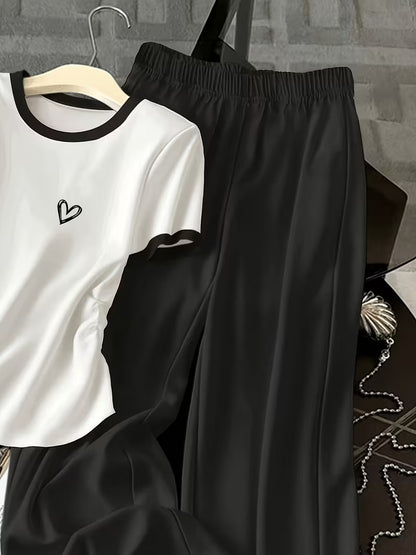 Women's Heart Print T-Shirt & Wide-Leg Pants Co-Ord Set