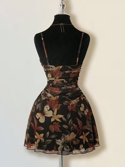 Black Floral Ruched Spaghetti Strap Maxi Dress
