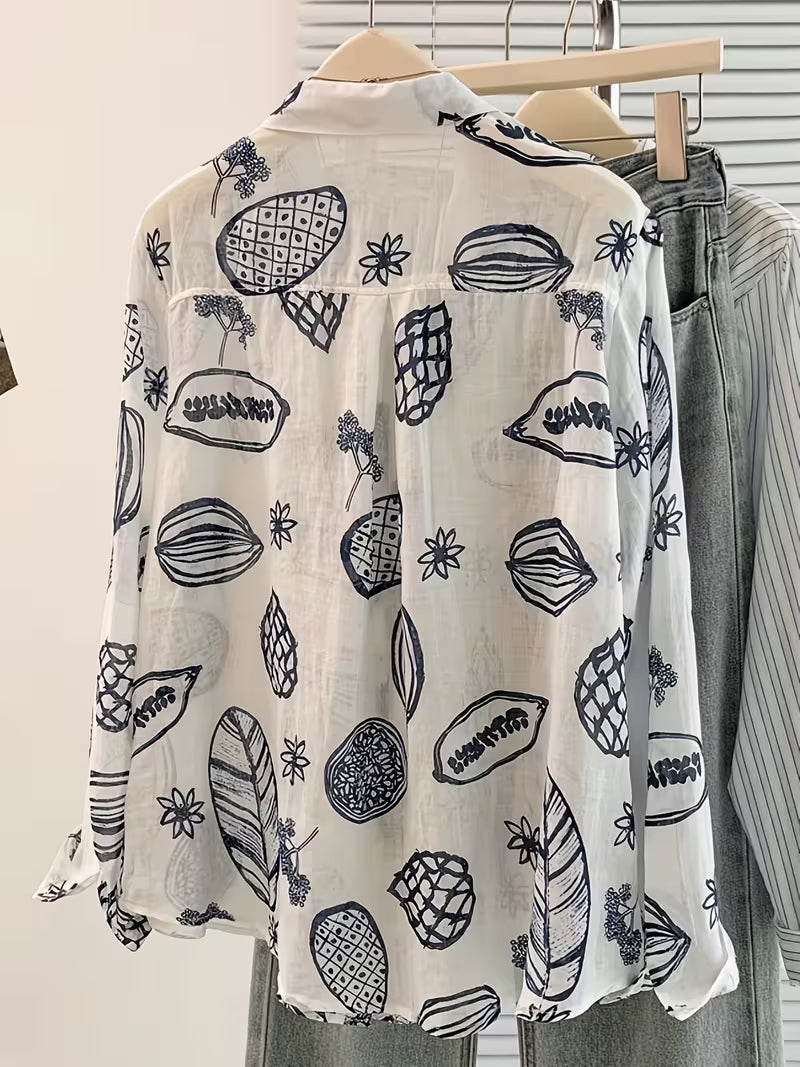 White printed button-down shirt.