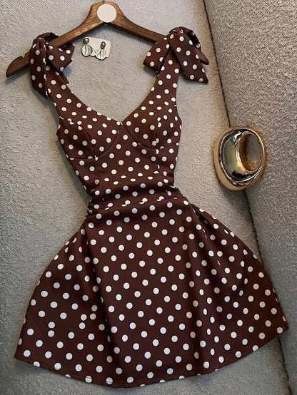 Chocolate Brown Polka Dot Tie-Shoulder Fit & Flare Dress