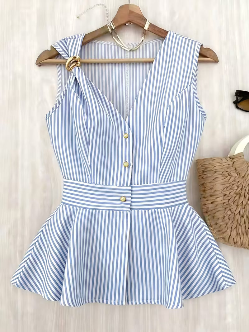 Blue & White Striped Button-Front Peplum Top