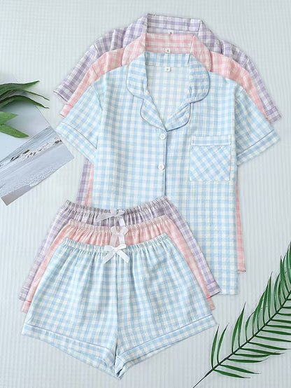 Women’s Set of 3 Plaid Check Pajama Sets – Short Sleeve Button-Up Sleepwear
