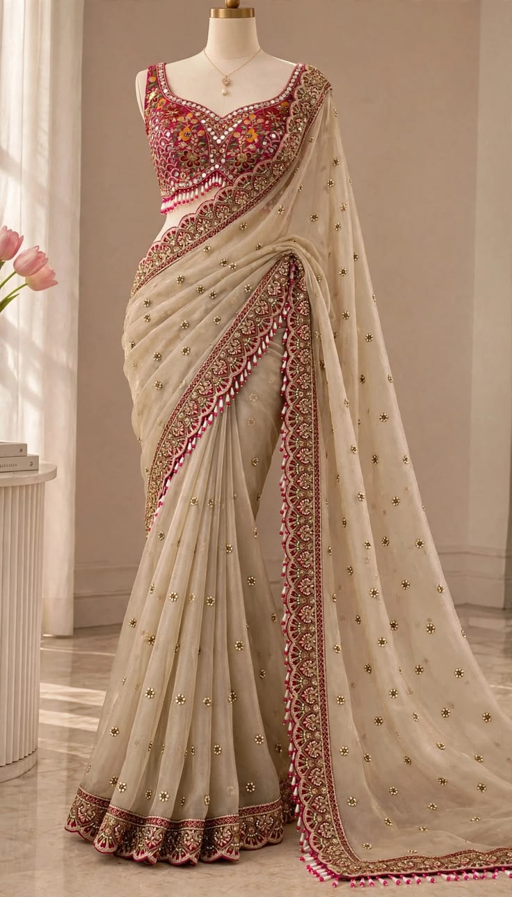 Ivory Organza Saree with Rani Pink Heavy Embroidered Blouse