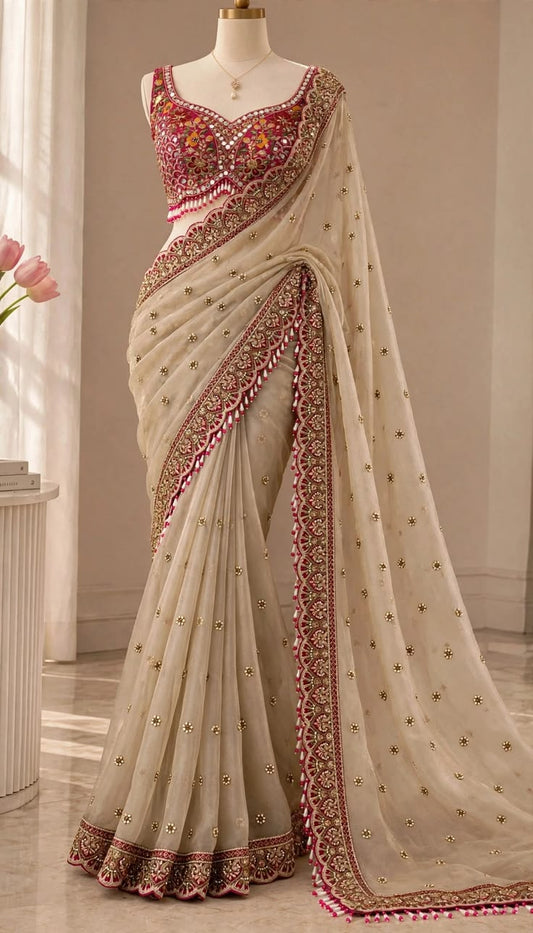 Ivory Organza Saree with Rani Pink Heavy Embroidered Blouse