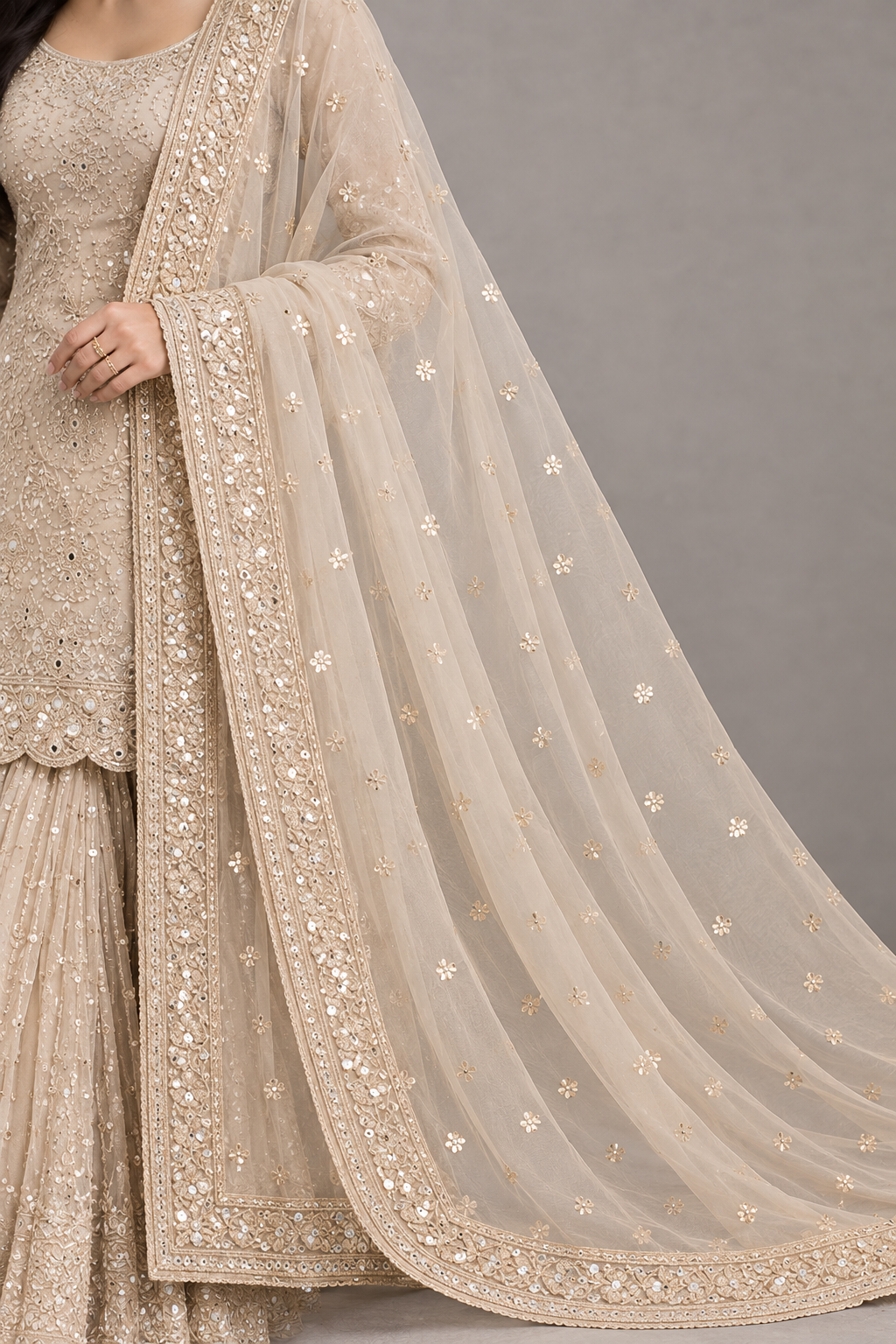 Women’s Champagne Beige Embroidered Sharara Suit Set with Dupatta | Sequin Festive & Wedding Wear