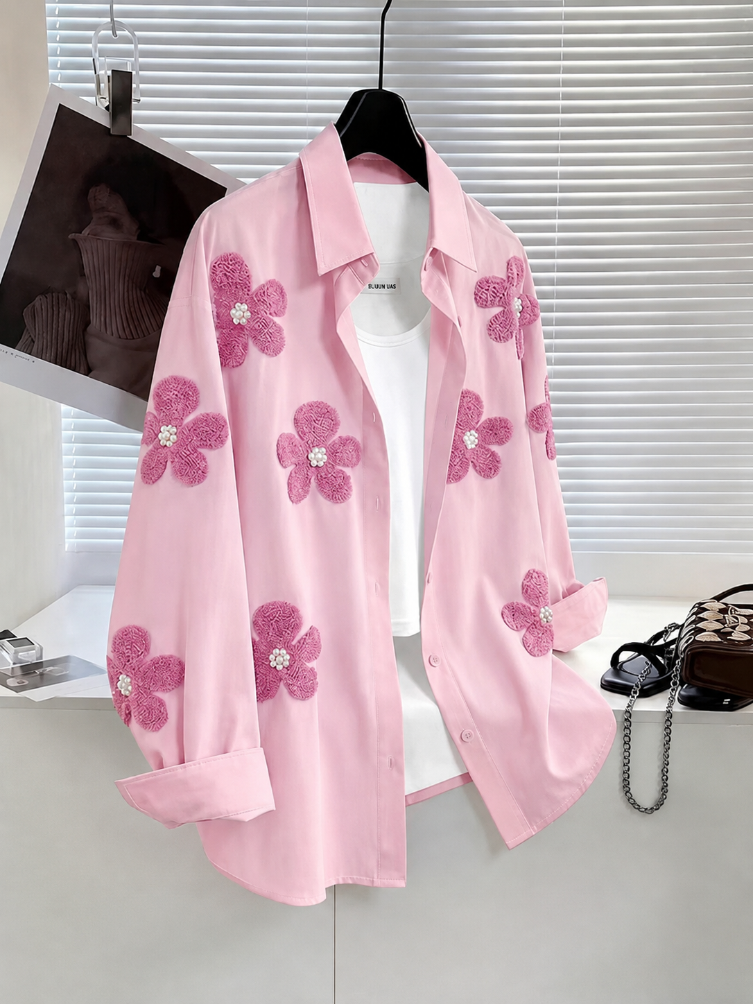 Women’s Pink Floral Embroidered Button-Down Shirt