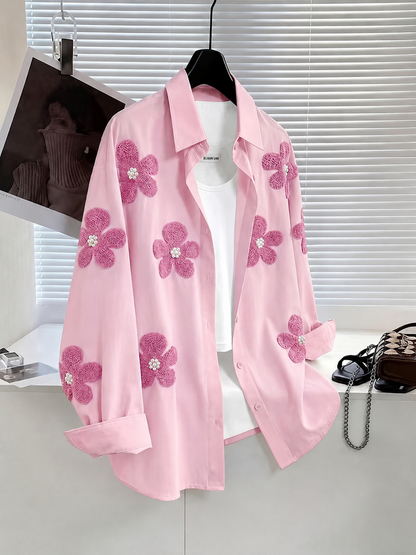 Women’s Pink Floral Embroidered Button-Down Shirt