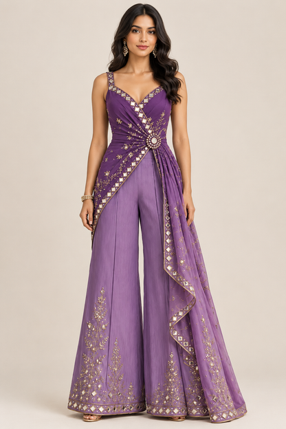 Regal Purple Mirrorwork Draped Palazzo Set