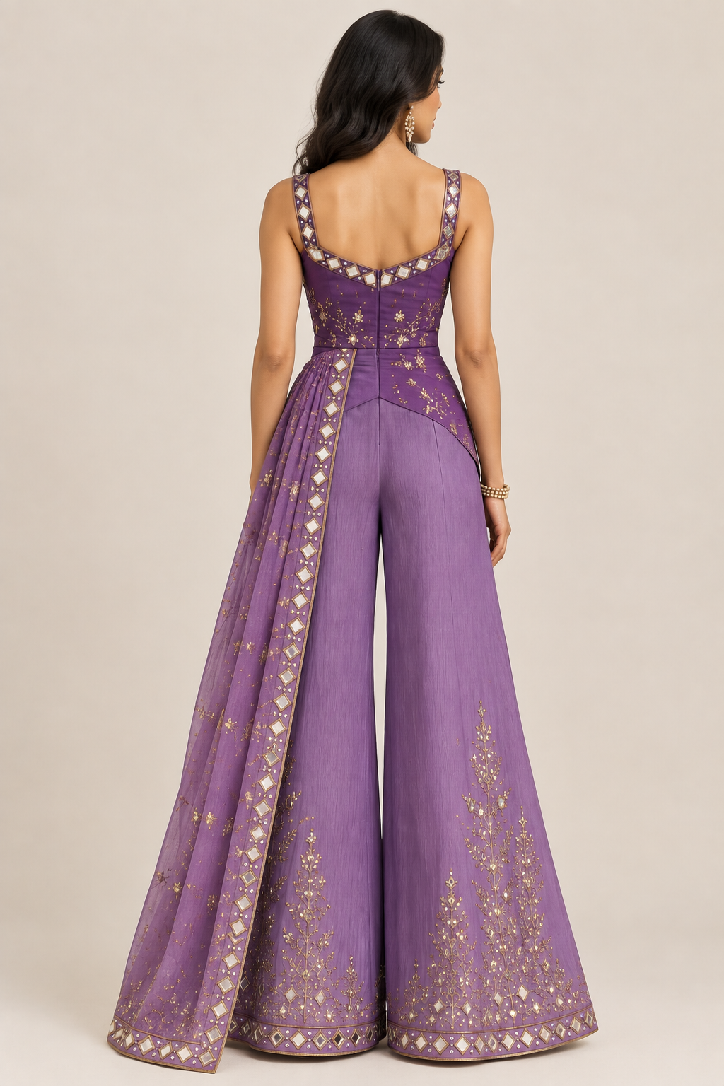 Regal Purple Mirrorwork Draped Palazzo Set
