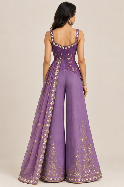 Regal Purple Mirrorwork Draped Palazzo Set