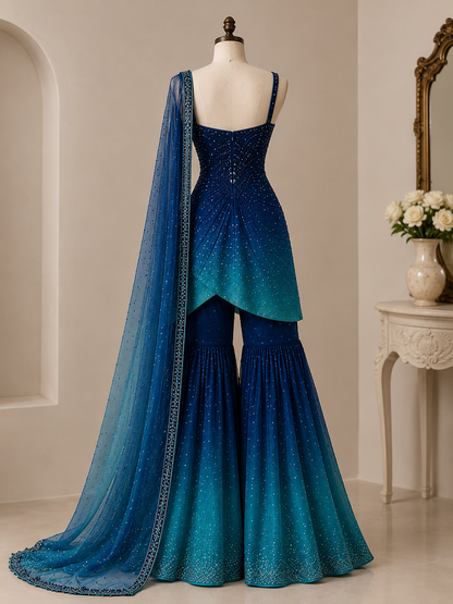 Midnight Teal Ombre Sequin Sharara Set