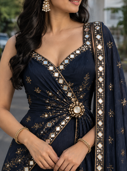 Midnight Navy Embellished Draped Palazzo Jumpsuit