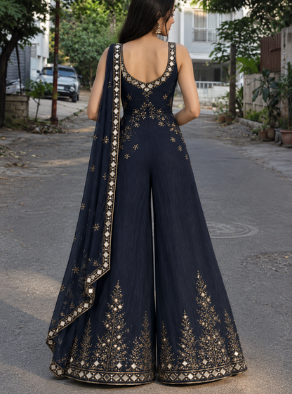 Midnight Navy Embellished Draped Palazzo Jumpsuit