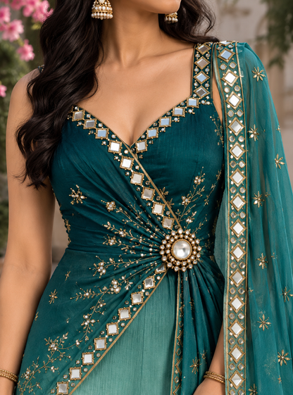 Teal & Ivory Ombre Embroidered Draped Palazzo Jumpsuit