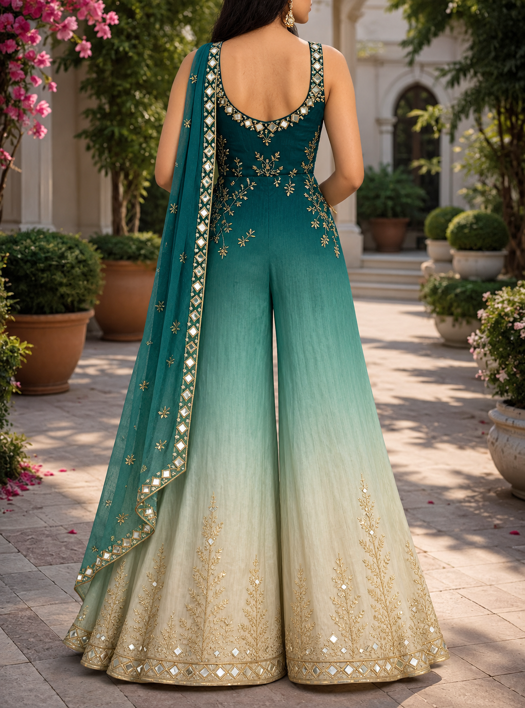Teal & Ivory Ombre Embroidered Draped Palazzo Jumpsuit