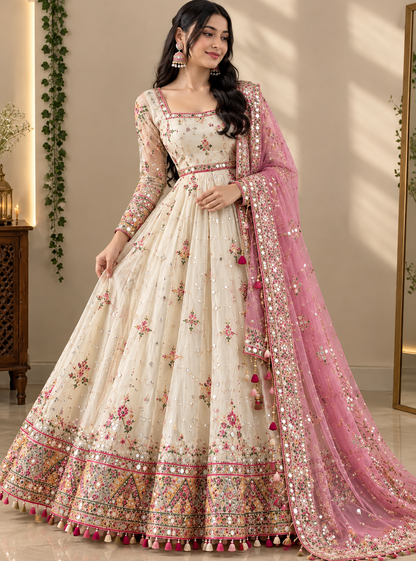 Ivory Floral Embroidered Anarkali Suit with Pink Mirror-Work Dupatta