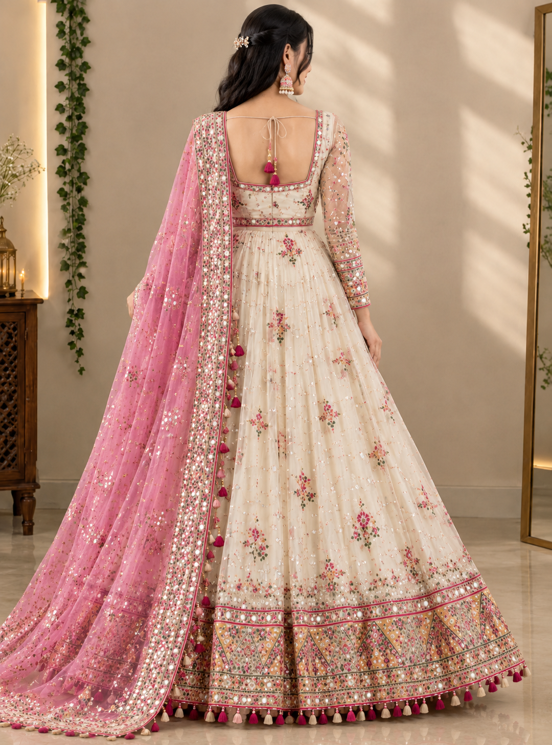 Ivory Floral Embroidered Anarkali Suit with Pink Mirror-Work Dupatta
