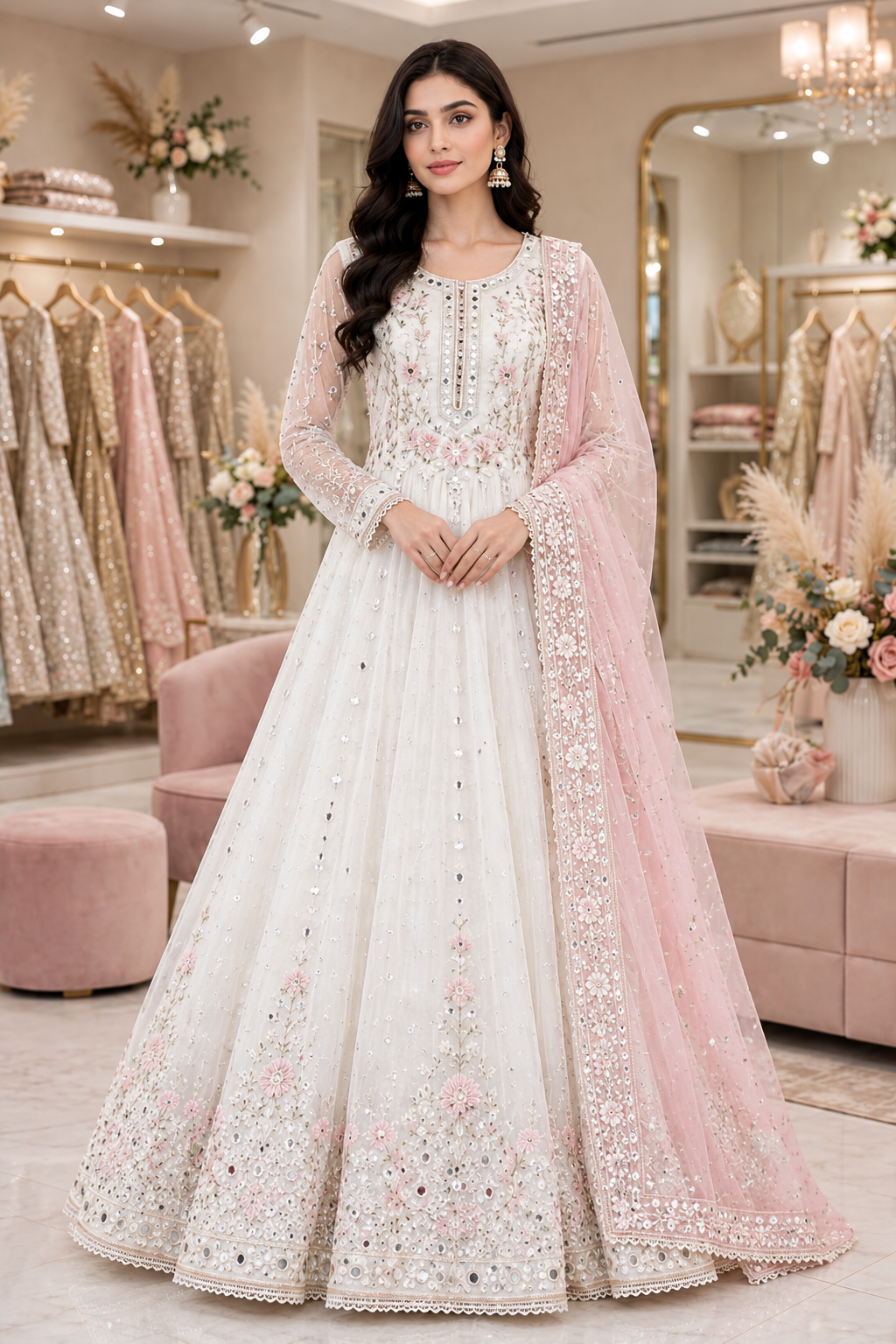Ivory Bloom Mirrorwork Anarkali Set