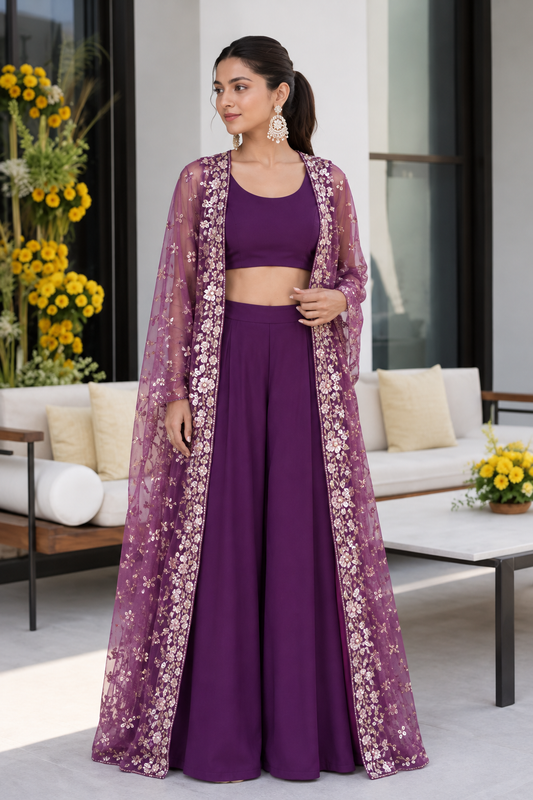 Women’s Purple Floral Embroidered Crop Top, Palazzo & Sheer Cape 3-Piece Set