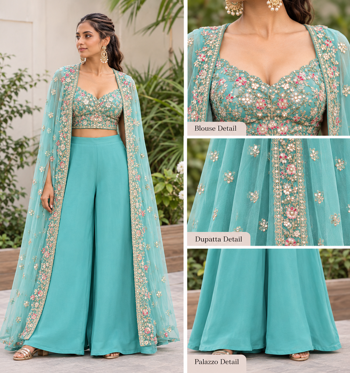 Aarohi Teal Embroidered Cape Palazzo Set
