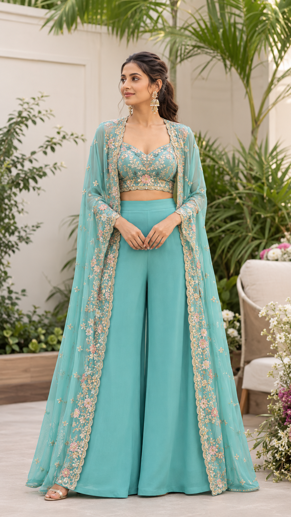 Aarohi Teal Embroidered Cape Palazzo Set