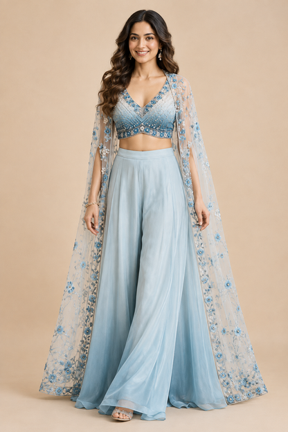 Icy Blue Embroidered Cape Palazzo Set