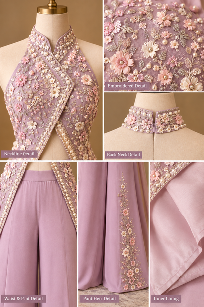 Women’s Lavender Floral Embroidered Halter Cape Top & Palazzo Pants Set